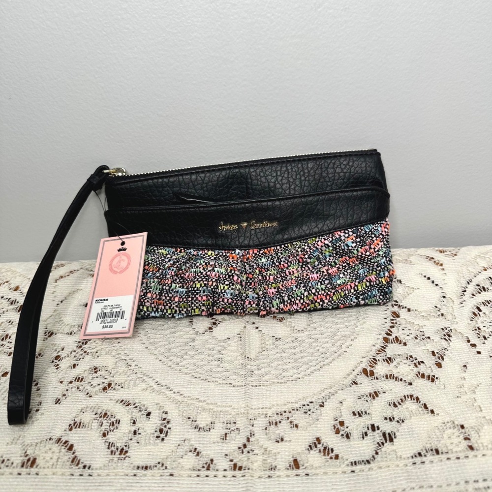 NWT Juicy Couture Wristlet Clutch Colorful Tweed Black Leather